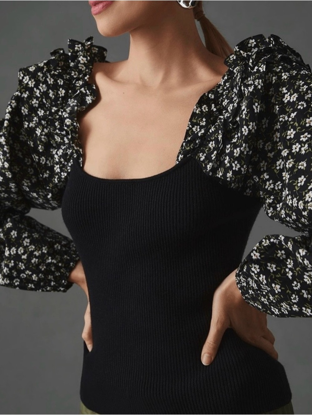 Anthropologie Black Knit Top with Floral Puff Sleeves Medium - Picture 1 of 7